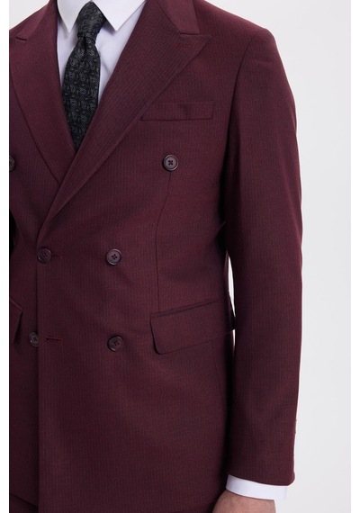 Tudors Erkek Slim Fit Sivri Yaka Çizgili Kapaklı Cepli Bordo Takım Elbise-41959 Bordo