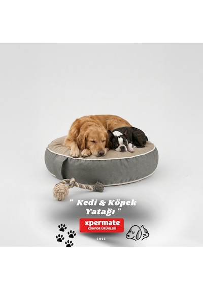 Xpermate Fermuarlı Kedi ve Köpek Minderi Yuvarlak Kedi Minderi Yıkanabilir Kedi Köpek Yatağı Bej - Gri