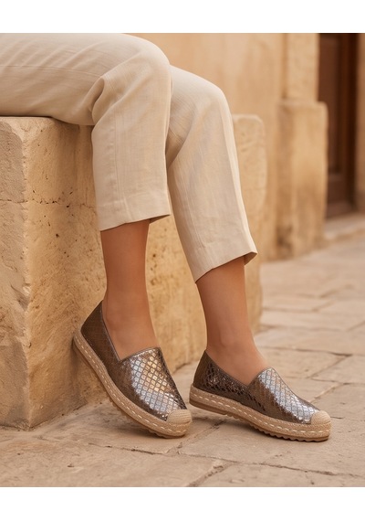 Futsishoes Lucıa Gümüş Yılan Hakiki Deri Dikiş Detaylı Kadın Espadril