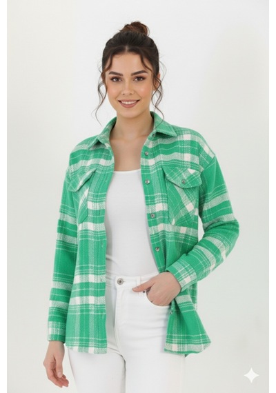 Polologin Butik Yeşil-beyaz Kare Desenli Kaşe Gömlek - Mevsimlik Rahat Kalıp Yeşil