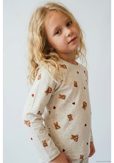 Breeze Kız Çocuk Pijama Takımı Kalp & Sevimli Oyuncak Ayıcık Desenli 4-8 Yaş, Bej Melanj