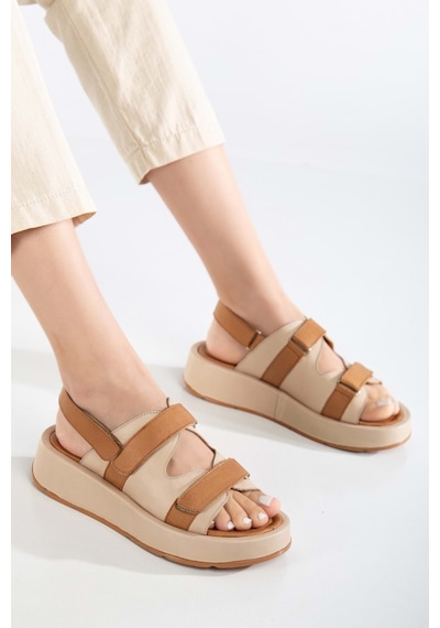 Analin Shoes Kadın Hakiki Deri Cırtlı Kalın Taban Sandalet Bej