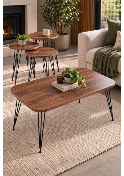 Sulorahome Ceviz Desenli 4'lü Sehpa Seti Metal Ayaklı