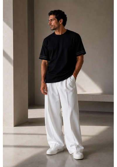 Alexandergardi Şerit Detaylı Kontrast Yaka Basic T-shirt Siyah