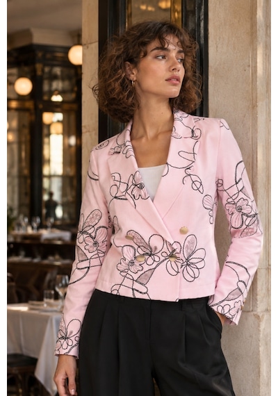 Armonika Kadın Açık Pembe Kruvaze Yaka Desenli Crop Ceket Arm-27k001025