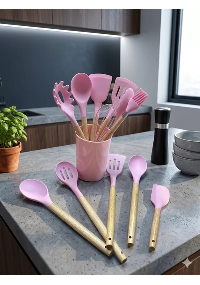 12 Parça Bambu Saplı Silikon Mutfak Gereçleri Seti - Pembe Mutfak Servis Seti Belirtilmemiş