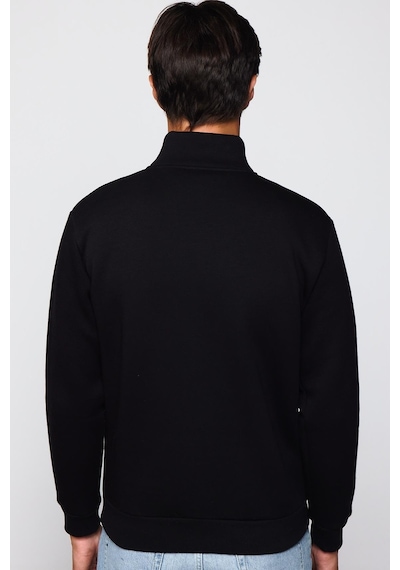 Tudors Unisex Relax Fit Rahat Kesim Pamuklu İçi Polarlı Yarım Fermuarlı Siyah Dik Yaka Sweatshirt-29035
