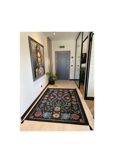Karaköy 503 Siyah Püsküllü Vintage Motifli Renkli Yıkanabilir Halı Koridor Salon Oturma Odası Halısı Siyah 3
