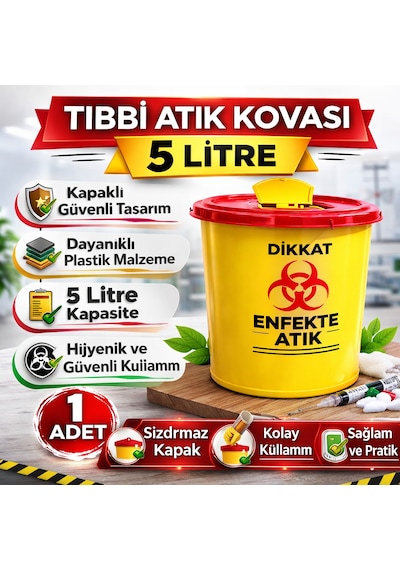 Tıbbi Atık Kovası 5 Litre 1 Adet Kapaklı Tıbbi Atık Kutusu Enfekte Atık Kovası