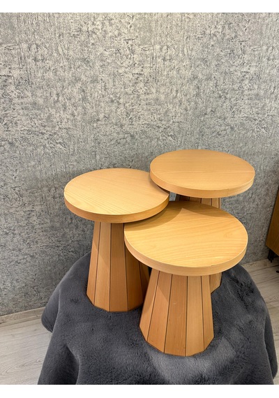Kayın Kaplamalı Mdf Mantar Sehpa 3 Lü Set