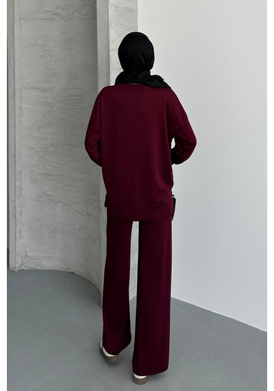 Feela Moda Kadın Modal Penye Oversize Tesettür Tunik Takım 2020 Bordo