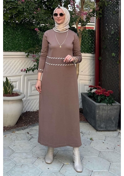 Rabia Şamlı Samanyolu Kahve Triko Elbise Normal
