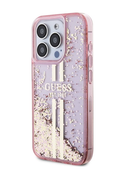 Apple Uyumlu iPhone 15 Pro Kılıf Guess Lisanslı Transparan Sıvılı Simli Altın Çizgili Kapak Pembe