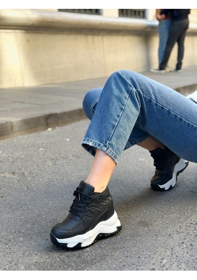 Erva'nın Butiği Siyah Cilt Celly Gizli Topuk Dolgu Topuk 7 Cm Boy Uzatan Sneakers-6476
