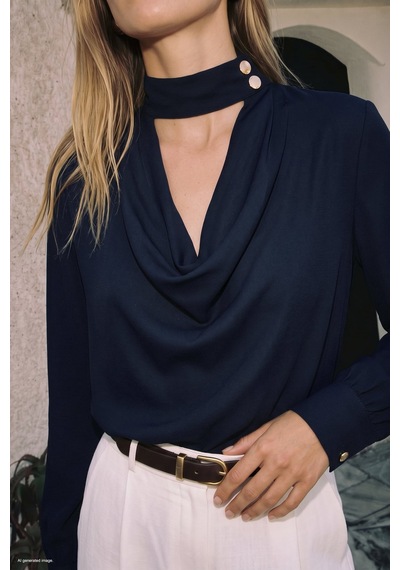 Sateen Degaje Yaka Bluz - Lacivert-137928