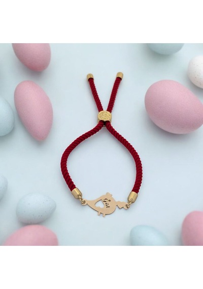 Archin Gül İsmine Özel 14 Ayar Altın Plakalı Minik Kuş Motifli Kırmızı Örgülü Hediye Bileklik-363isim Gül