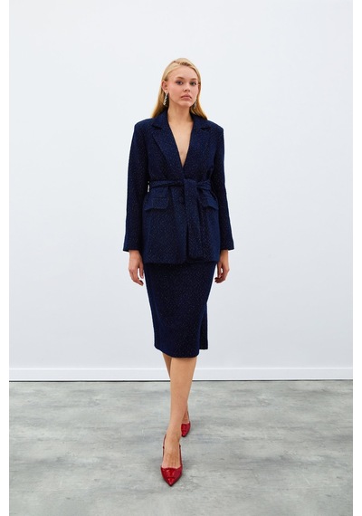Sateen Kuşaklı Tüvit Ceket - Lacivert-135019 Lacivert