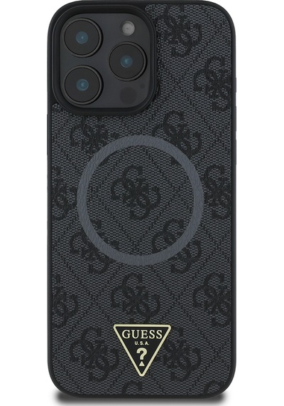Apple Uyumlu iPhone 16 Pro Kılıf Guess Lisanslı Magsafe Şarj Özellikli Pu Üçgen Logo 4g Desenli Kapak Siyah