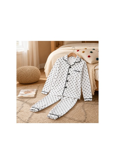 Bebelove Kız Çocuk Kalp Desenli Düğmeli Pijama Takımı Beyaz Beyaz - Siyah