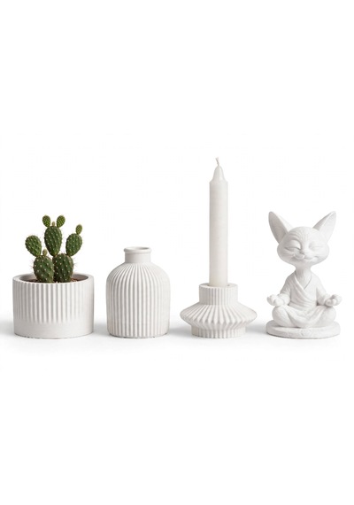Zen Garden Seti 4 Parça - El Yapımı - Rillen Vazo Saksı Mumluk Ve Zen Cat Figürü - Taş Tozu - Beyaz