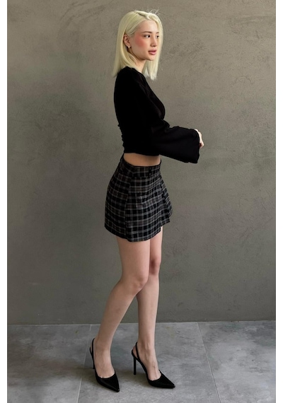 Madmext Siyah %100pamuklu Ekose Desen Pileli Mini Şort Etek Mg2629 Siyah