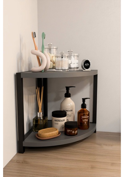İki Raflı Banyo Köşe Oval Düzenleyici Organizer Raf Metal Gövdeli Çok Amaçlı Banyo Standı Antrasit