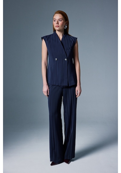 Sateen Anna Çizgili Pantolon - Lacivert-137094 Lacivert