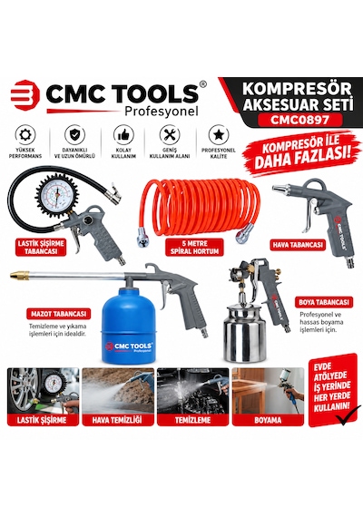 Kompresör Aksesuar Seti 5 Metre Hortum-hava-boya-mazot-tabancası-lastik Şişirme Tabanca Cmc0897