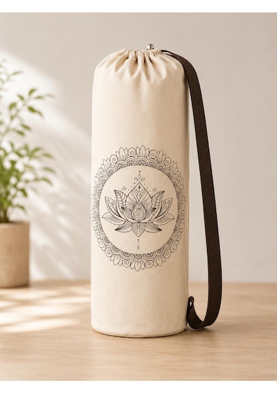 Yoga Mat Taşıma Çantası Hayat Ağacı Lotus Namaste Desenli Hambez Kanvas 70x21 Cm Açık Kahverengi
