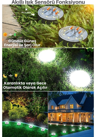 Technojet 8 Led Li Solar Bahçe Lambası 1 Adet Su Geçirmez Otomatik Sensörlü Bahçe Aydınlatma Beyaz