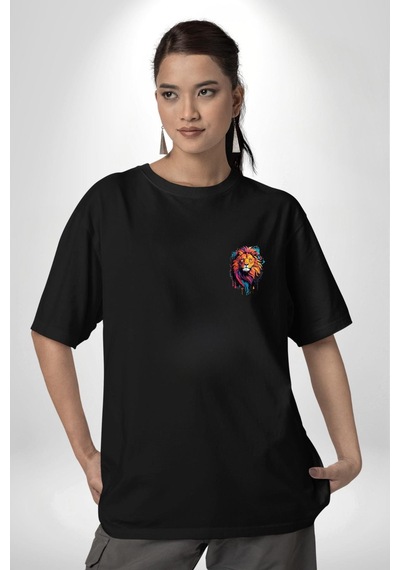 Renkli Yağlı Boya Aslan Siyah Oversize Unisex Ön Sol Yan Minimal Baskılı Tişört Koyu Siyah