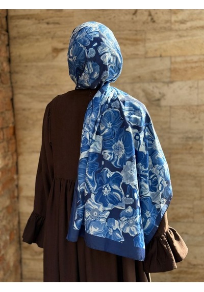 Qalortex Scarf Pamuklu Mimoza Desen Şal- Lacivert