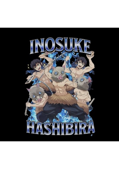Demon Slayer Inosuke Hashibira Anime Baskılı Unisex %100 Pamuk Kapüşonlu Siyah Sweatshirt Siyah