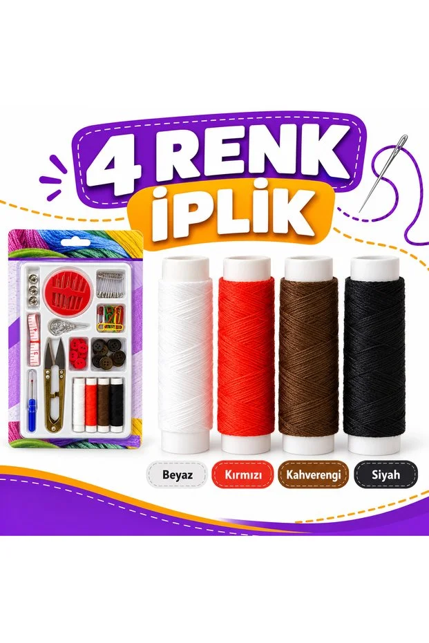 Çok Parçalı Dikiş Seti 4 Renk İplik İğne Makas Mezura Düğme Çengelli İğne Tamir Seti