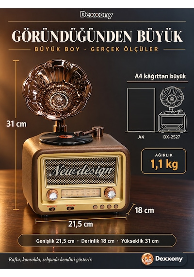 Dexxony Dx-2527 Kahve Nostaljik Radyo Gramofon Görünümlü Büyük Boy Şarjlı Bluetooth Hoparlör Fm Usb