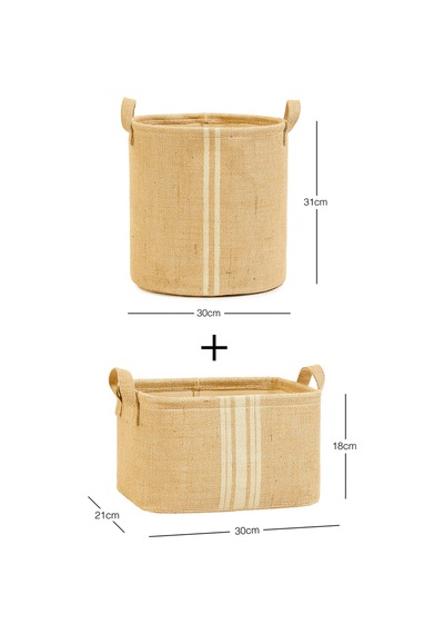 Ocean Home Textile 2'li Çizgili Jüt Sepet Set 1 Adet 30 x 31 / 1 Adet 30 x 21 x 18 cm