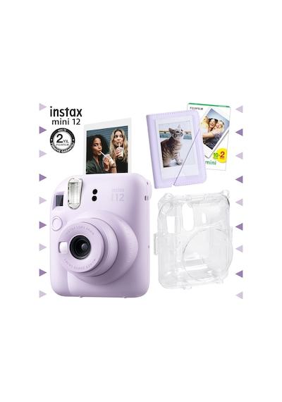 Fujifilm Instax Mini 12 Fotoğraf Makinesi + 20'li Film + Mini Albüm + Şeffaf Kılıf Seti Lila