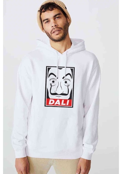 La Case De Papel Salvador Dali Baskılı Beyaz Erkek Kapşonlu Sweat