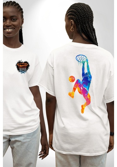 Smaç Basketbol Renkli Beyaz Oversize Unisex Ön Ve Sırt Baskılı Tişört Beyaz