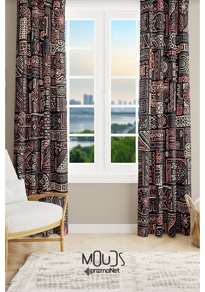 Hitit Figure Desenli Süet Oturma Odası Salon Fon Perde Baskılı Ekstrafor Büzgü 2 Kanat Prd-1013 Çok Renkli