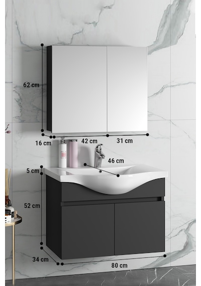 Yıldız 80 Cm Antrasit Gri Mdf Lavabolu Asma Banyo Dolabı Takımı Antrasit - Gri