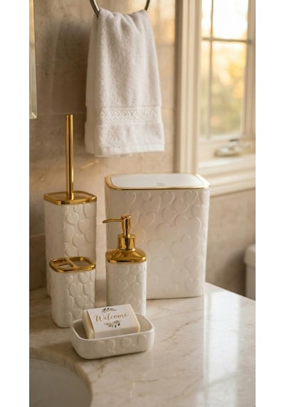 Makri Home 5 Parça Banyo Seti, Kalp Desenli, Beyaz Gold, Kare, Click Kapaklı, Hacim: 8 Litre Altın - Beyaz