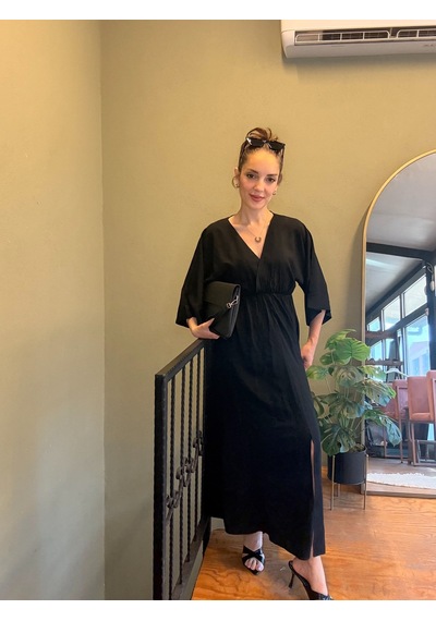 Ali Butik Siyah Yarasa Kol Kruvaze Yaka Viskon Elbise