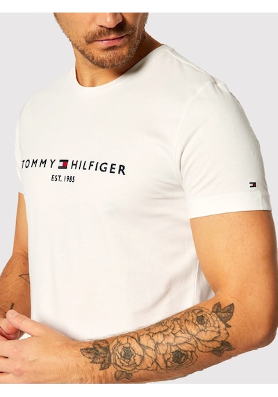 Tommy Hilfiger Erkek Logo Yazı Nakışlı T-shirt Beyaz