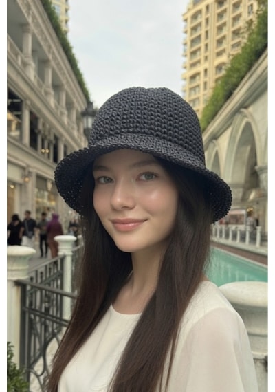 Mollycrush Kadın Siyah Yazlık Örgü Bucket Şapka Güneş Koruyucu Trend Kova Model Antrasit Siyah
