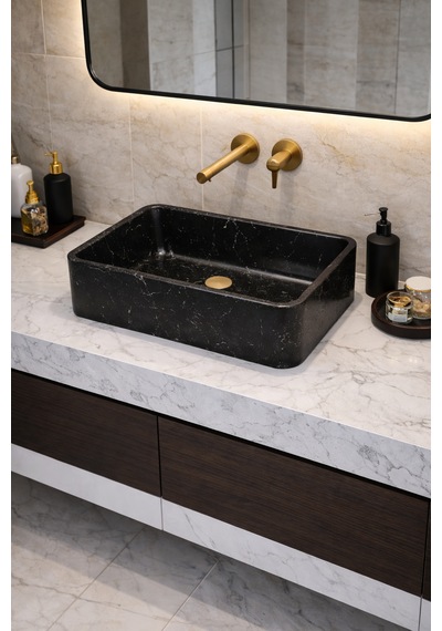 Mermer Desenli Tezgah Üstü Çiftlik Model Taş Lavabo 60 X 40 Cm Siyah