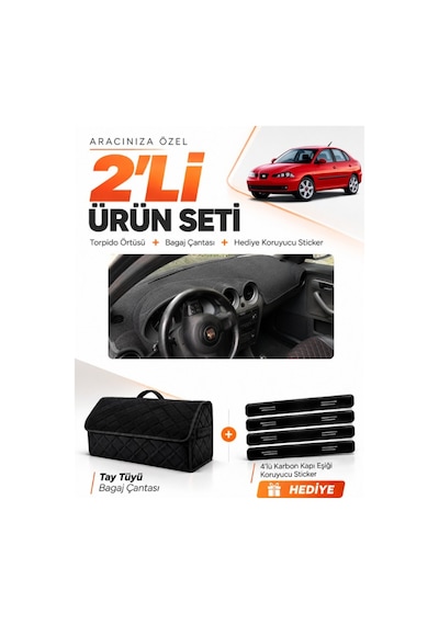 E-biz Seat Cordoba 2001-2008 Uyumlu Torpido Örtüsü + Tay Tüyü Bagaj Çantası Seti - Siyah - Se003