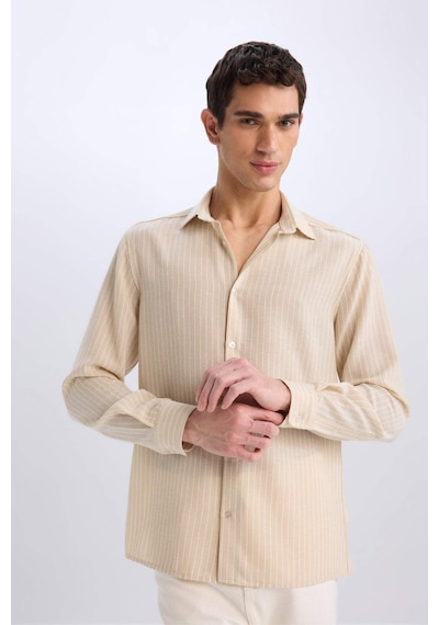 Defacto Regular Fit Polo Yaka Keten Görünümlü Uzun Kollu Gömlek E3308ax25smbg106 Bej