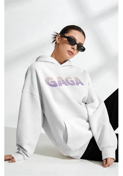 Sevbano Tasarım Lady Gaga Şarkıcı Sırt Baskılı Unisex Oversize Penye Hood beyaz
