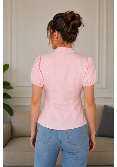 Verymoda Yakası Büzgülü Balon Kol Kadın Gömlek Pembe